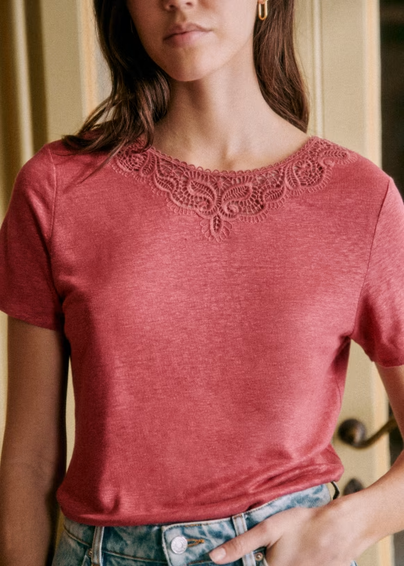 SEZANE Mina pure linen rosewood embroidered reversible t-shirt LARGE UK 12 BNWT