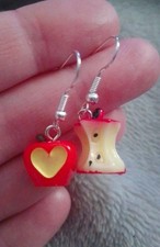 Red Apple Core Earrings Heart Novelty Gift Teacher School Student Cute