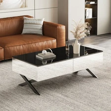 Rectangular Mirror Coffee Table Living Room Storage Metal Base 2 Drawers 47.3in
