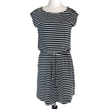 MICHAEL Michael Kors Striped Knee Length Dress XS White Black Gold Zip Old Money