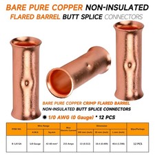 12PCS 0 Gauge Flared Copper Butt Splice Connectors