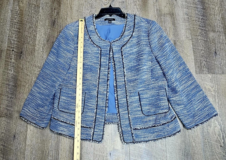 Blazer Ann Taylor azul tweed frente abierto con bordes deshilachados para mujer talla 14 Foto 4 de 4