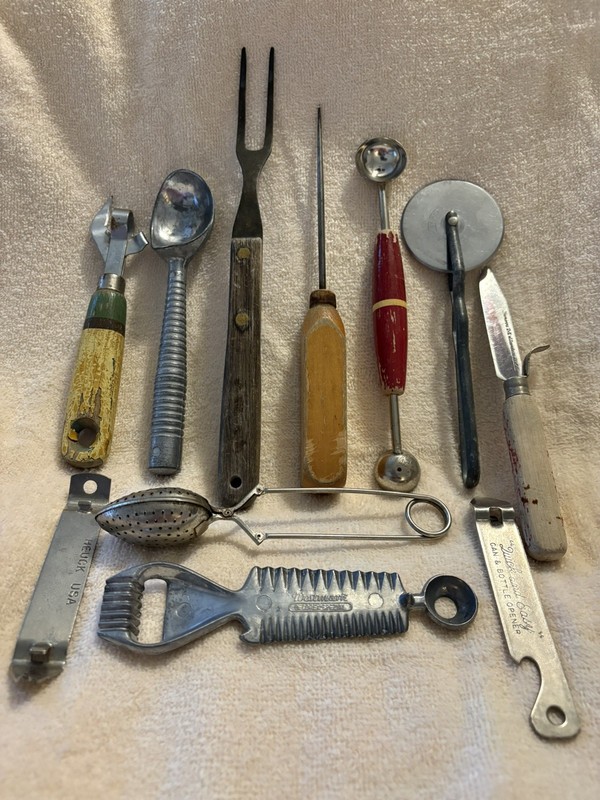 Vintage Kitchen Utensils Red Green Wood Tempered Steel Westmark Heuck Vaugman