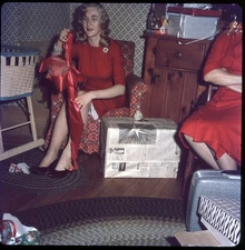 Woman With Christmas Gifts Newspaper Wrapping Vintage 1962 Slide Photo