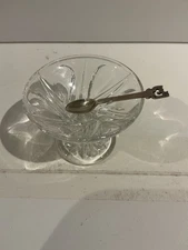 Vintage Pressed Glass Pedestal Salt Cellar with Ornate Miniature Salt Spoon