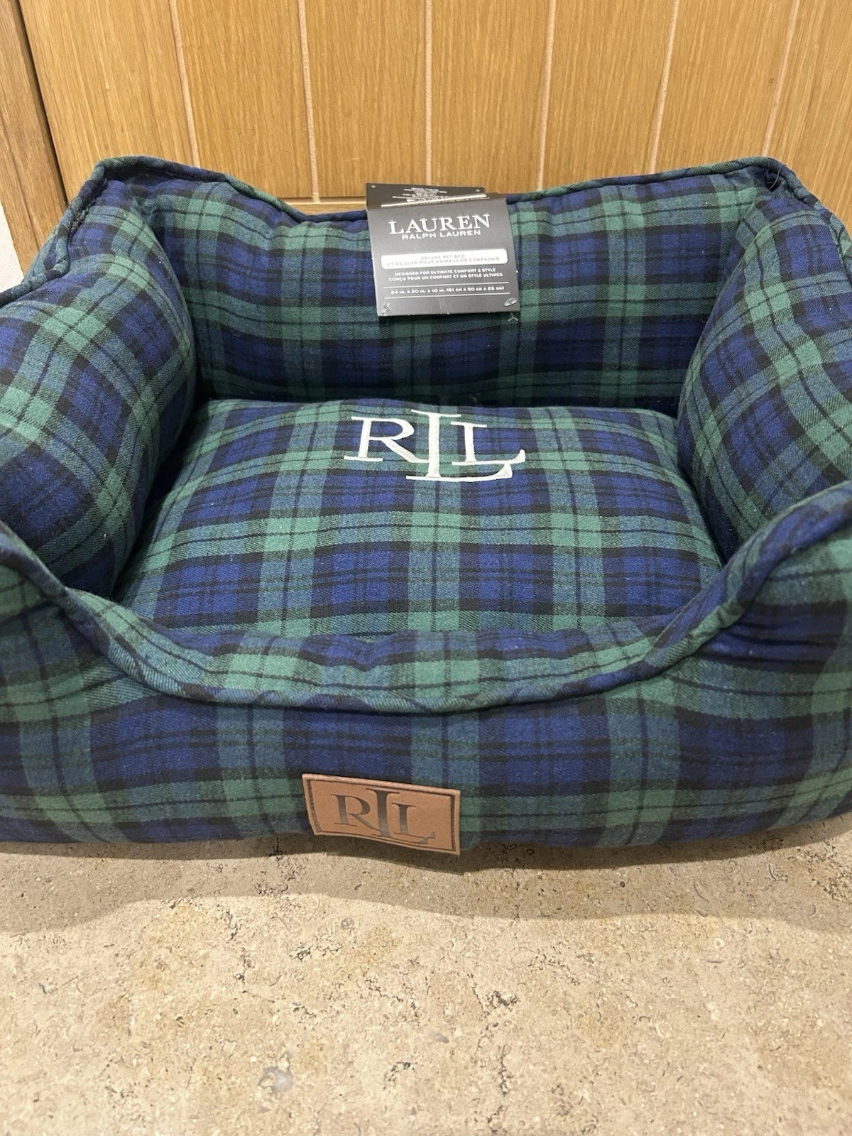 Ralph Lauren Deluxe Pet Bed Green Navy Check Tartan New 24 x 20 inches Dog Bed