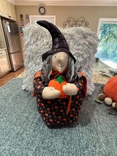 Vintage Hand Crafted Halloween Witch, Orange and Black, Holding Pumpkin