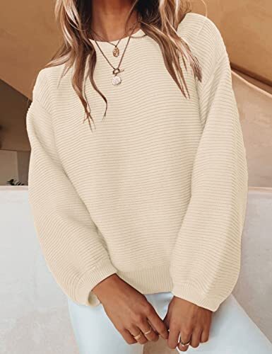 Women's 2024 Crew Neck Long Lantern Sleeve Casual Loose Ribbed Knit Solid - Picture 4 of 8