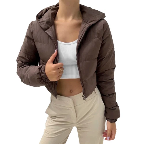 Damen Cropped Mäntel gesteppte gefütterte Jacke Oberbekleidung Reißverschluss Kapuze wattiert warm - Bild 5 von 27