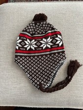 PERUVIAN HAT CHULLO POM POM FLEECE LINED BEANIE JACQUARD BROWN WHITE GEOMETRIC