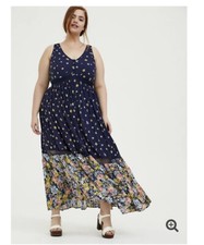 NAVY MIXED FLORAL CHALLIS BUTTON MAXI DRESS Size 1X