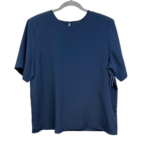 Karen Scott Womens Blouse Top Round Neck Short Sleeves Dark Blue Size L