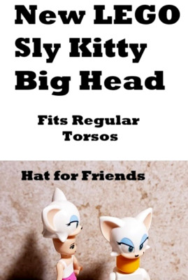 New LEGO Cat Head Kitty Big Eyes Blue eyeshadow Fits Regular Figs neck White Kit