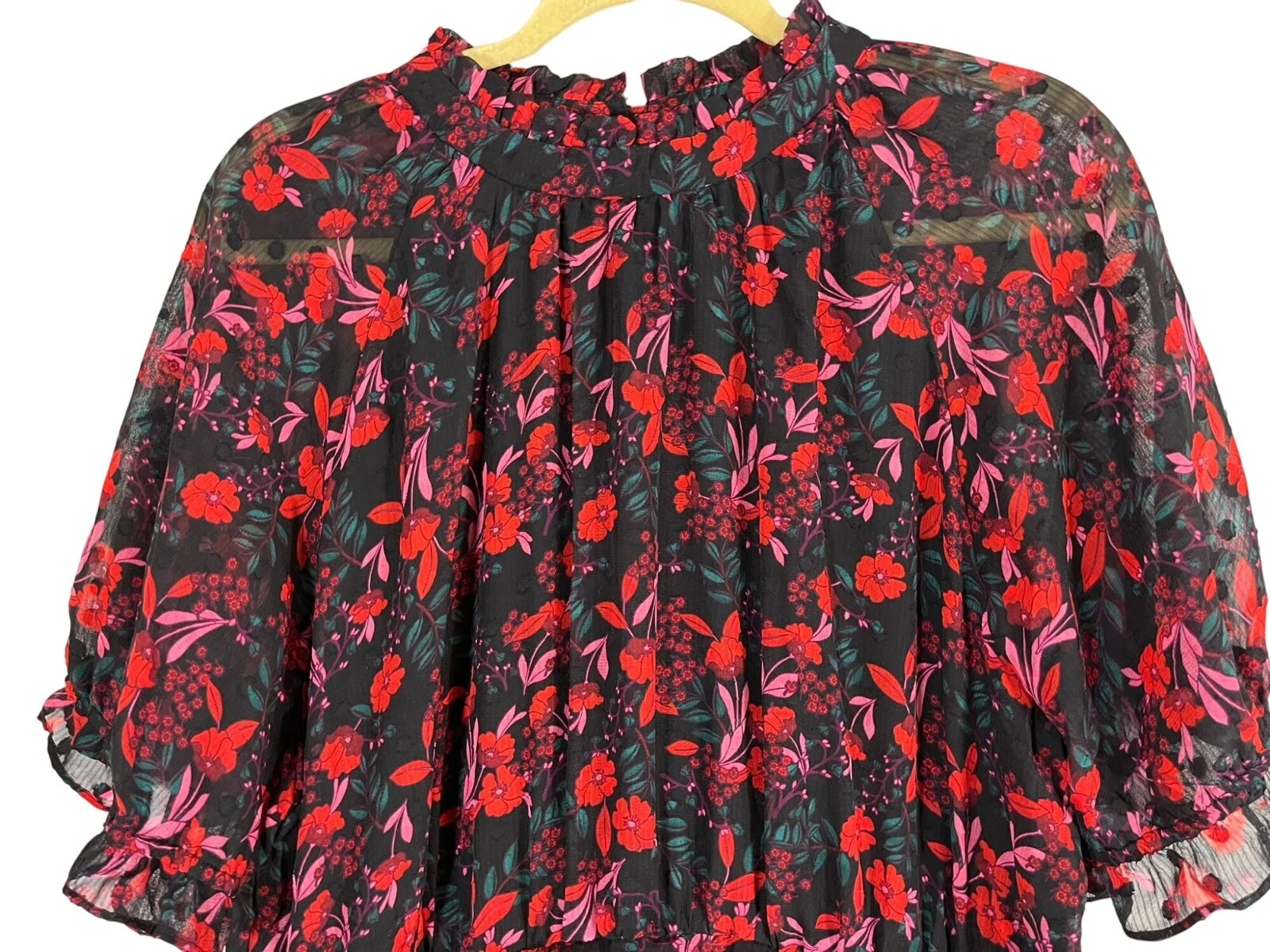 VETEMENTS Abito Draper James 2X Rosso Floreale Midi Clip Dot Manica a sbuffo Femminile Boho Western