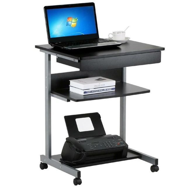 Black Wood Small Laptop Computer Cart Desk W Drawers And Printer