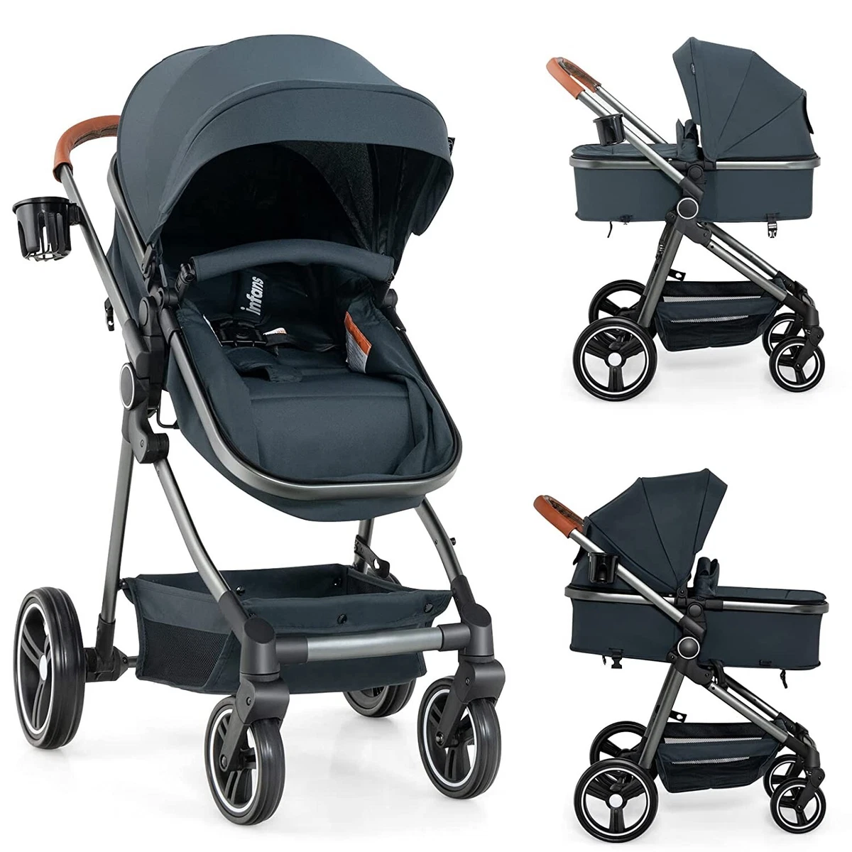 INFANS 2 in 1 BABY STROLLER CONVERTIBLE REVERSIBLE BASSINET PRAM FOLDABLE