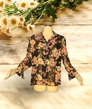 NOTATIONS Black Purple Brown FLORAL Button Up Shirt Top SHEER Women's Sz Large 
