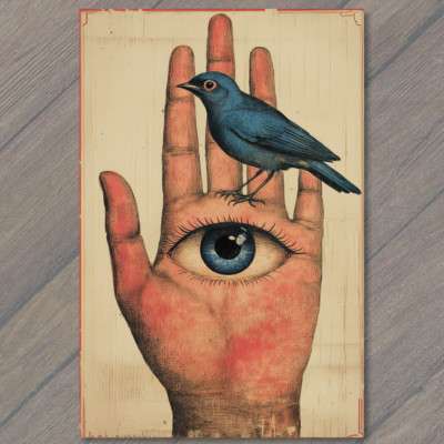 POSTCARD Bizarre Eye Held Hand with Blue Bird Surreal Odd Weird Macabre Unique