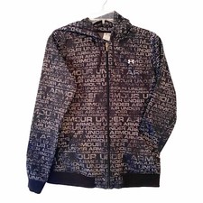 Under Armour Jacket Hoodie Boys SM Black Logo Print Fleece Lined Full Zip Hooded