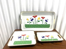Vintage Mid Century White Floral Lacquer Japanese Nesting Set Of 3 Trays
