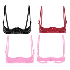 Women's Wetlook Bra Top PU Leather Wire Free Bustier 1/2 Cup Bralette Underwire