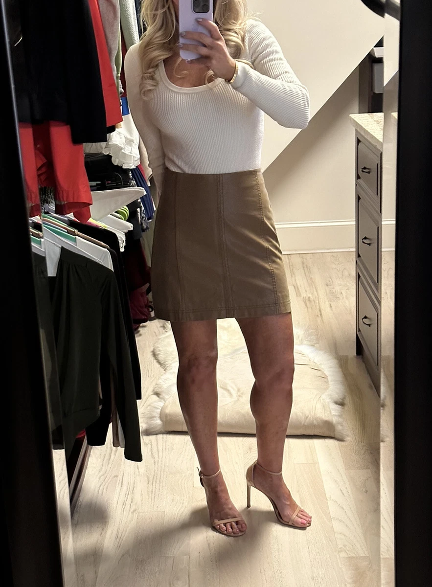 Beige leather mini best sale skirt