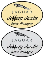 1 GOLD & 1 SILVER OVAL JAGUAR PERSONALIZED NAME BADGES W/ SAFETY PIN FASTENER