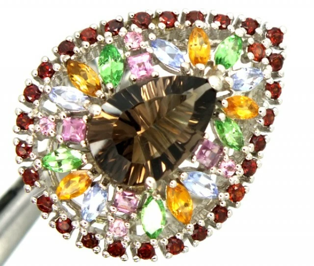 Anillo único para mujer de cuarzo ahumado en forma de pera con detalles de piedras preciosas multicolores Foto 4 de 4