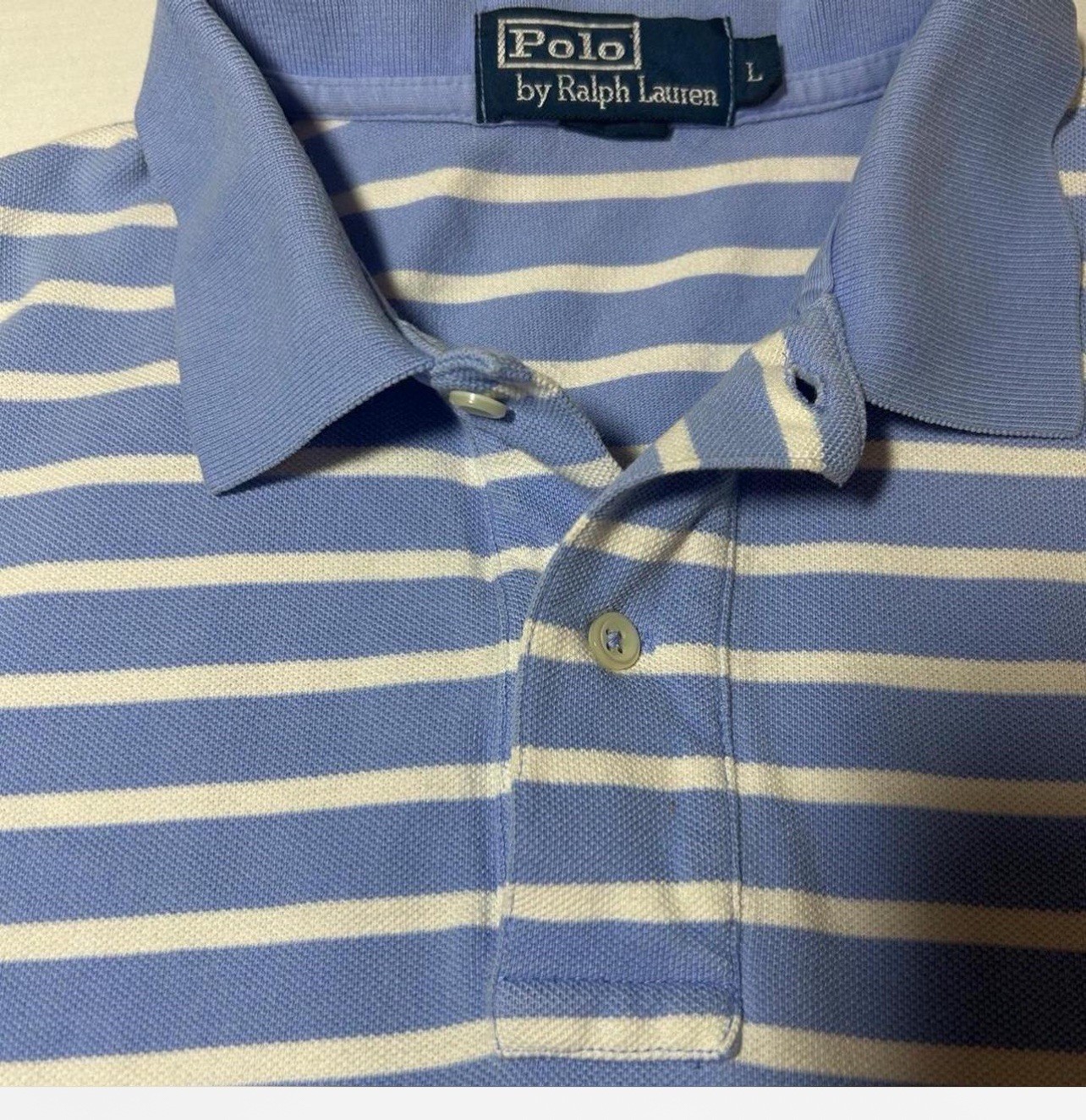 Mens Polo Ralph Lauren Blue & White Striped Polo Shirt | Classic Fit | Size L