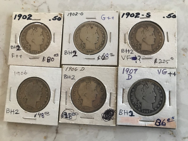 A LOT OF SIX BARBER SILVER HALF DOLLAR.DATES :1902,1902O,1902S,1906,1906D,1907D