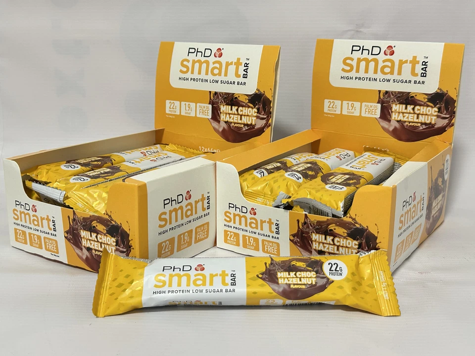 High Protein, Low Sugar Bars | Milk Chocolate Hazelnut | 24 x 64g | PhD Smart
