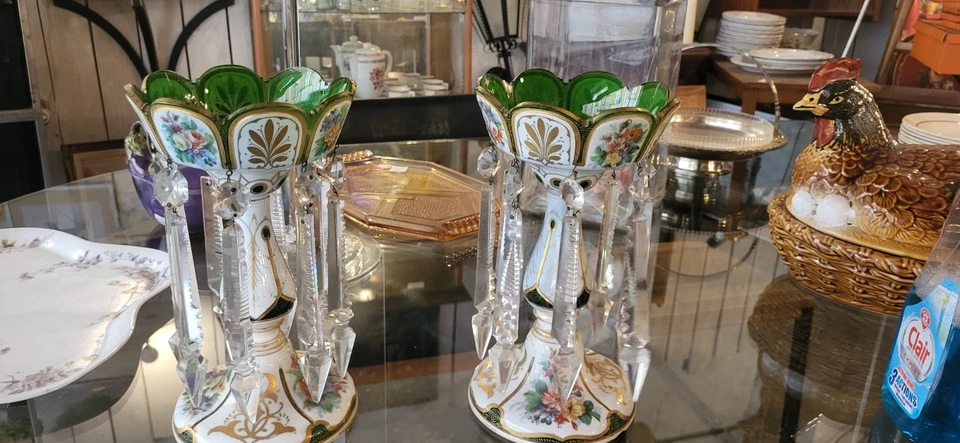 Napoleon 3 Paire De Porte Ananas Opaline Émaillée Pampille Cristal Baccarat - Photo 3/4