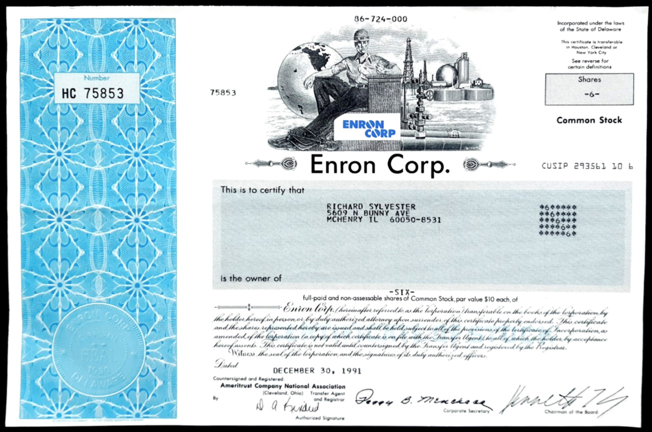📉 ENRON CORPORATION 1991 Stock Certificate ~ Massive Fraud Kenneth Lay