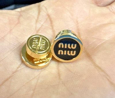Miu Miu Logo Embossed Enamel Black/ Gold Tone Stud Earrings Fine Jewelry Italy