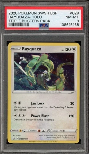 Pokemon Rayquaza Triple Blister Pk. Black Star Holo Promo SWSH029 PSA 8