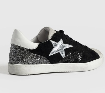 Allsaints Spitafields Black & White Suede Star Accent Sneakers with Silver 
