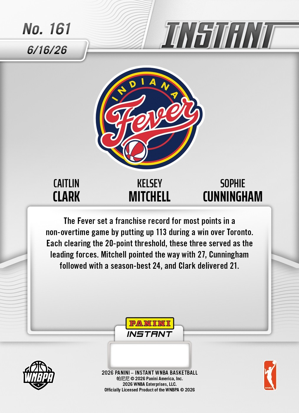 2026 Panini Instant WNBA #161 Caitlin Clark Mitchell Cunningham Fever PRESALE view 2
