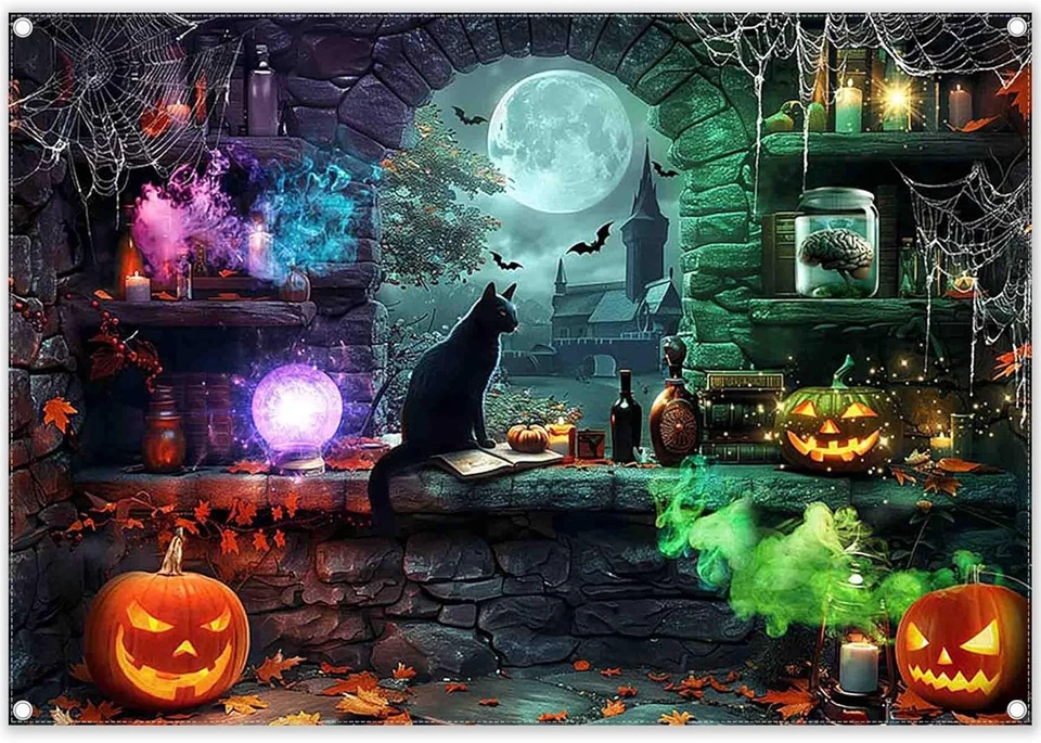 7x5ft Fabric Halloween Magic Backdrop Pumpkin Lantern 7'x5', Black - Image 2 of 4