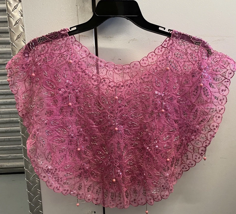 Hand Beaded VTG Pink Sequin Flower Sheer Capelet Shawl Burlesque Bowlero - Image 2 of 4