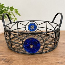 Wrought Iron Wire Storage Black Bowl Round Fruit Basket with Blue Glass Accents