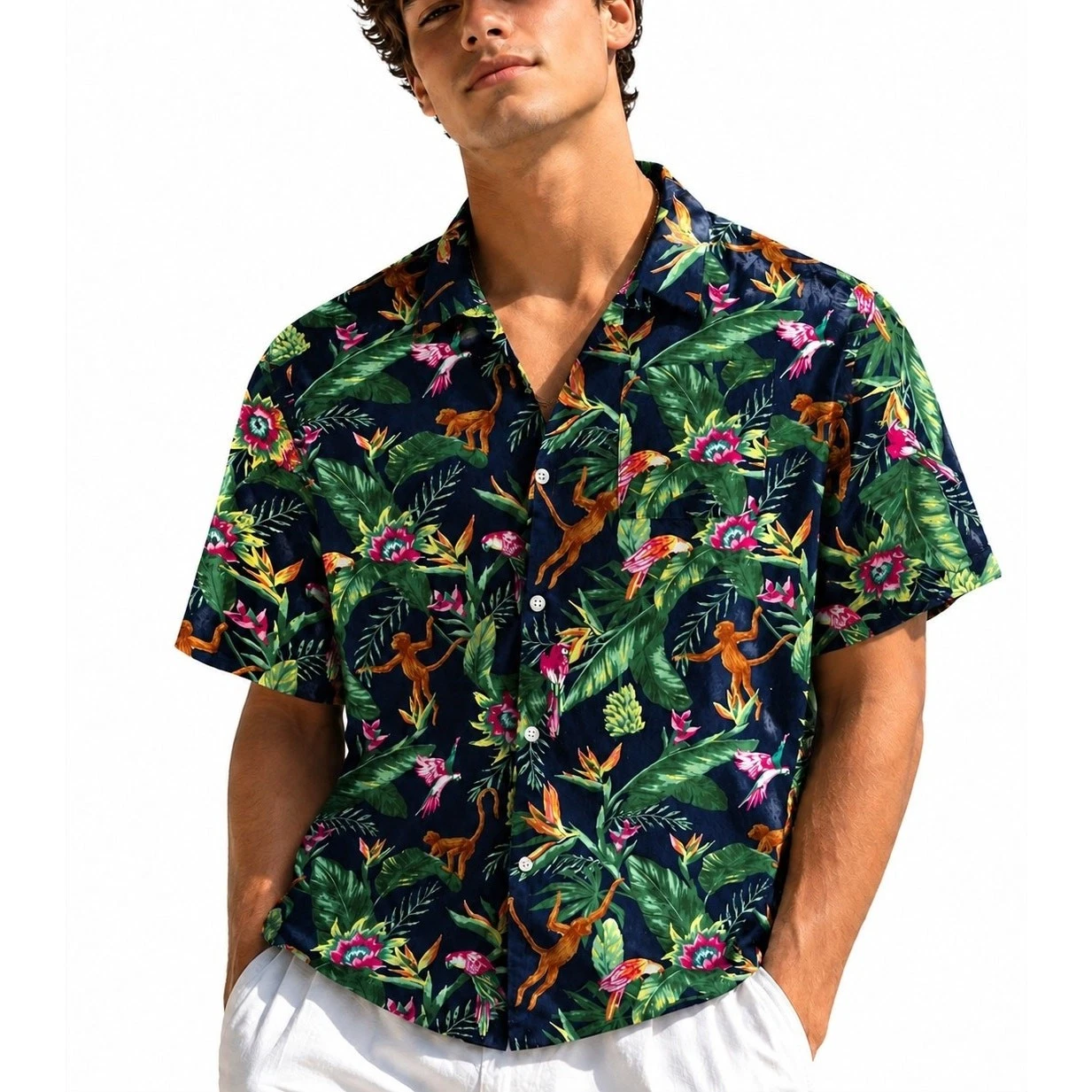 Janie and Jack Big Boys Teen 18 Tropical Button Down Shirt Jungle Monkey Parrot