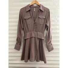 Free People Maxwell Mini Dress XS Long Sleeve Linen Blend Mauve Purple Utility