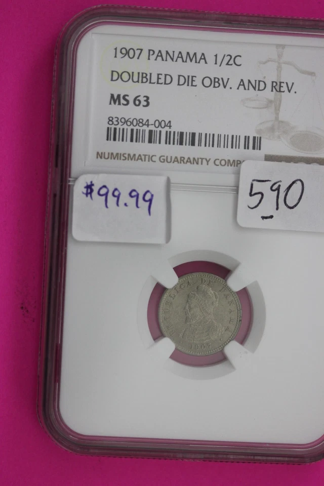 1907 MS 63 Panama Double Die Obc & Rev 1/2 Centesimo NGC Certified Graded 590 - Image 3 of 3