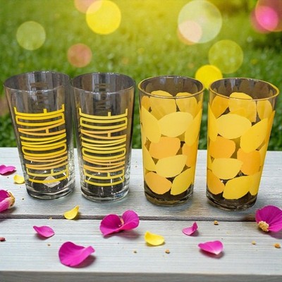 4 Tumblers Crate and Barrel Yellow LEMONADE Drinking Glasses Tumblers 6'' New