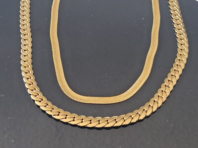 Gold Plated 2 Layers Stainless Steel Flat Cuban & Herringbone Necklace Set