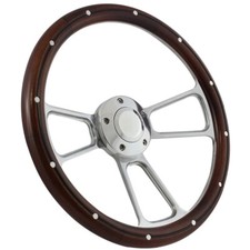Volante de 14" Billet pulido y madera oscura para camionetas Ford 1949-1991