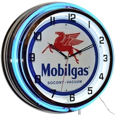 19" Mobilgas Socony Vacuum Pegasus Sign Double Neon Clock Garage Decor (Blue)