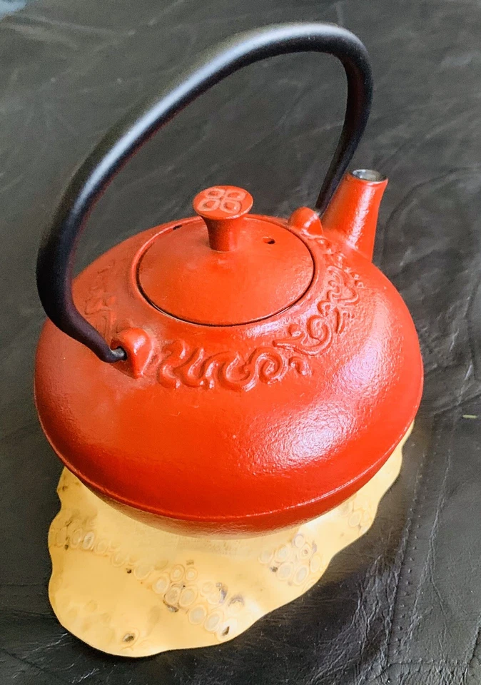 Japanese Cast Iron Teapot  Tea Kettle Set W/ Bamboo Root Coaster - Image 2 of 4