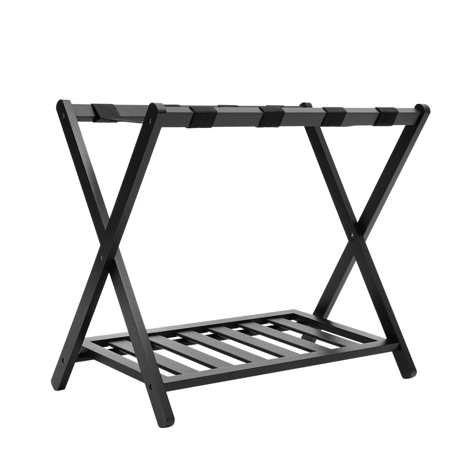 Folding Luggage Rack with Shelf Travel Bamboo Suitcase Shoe Storage Holder Stand - Image 2 of 4