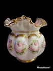 Vtg Fenton Peach Crest Charleton Roses Raffled Gold Edge Melon Bowl Vase 5.5"
